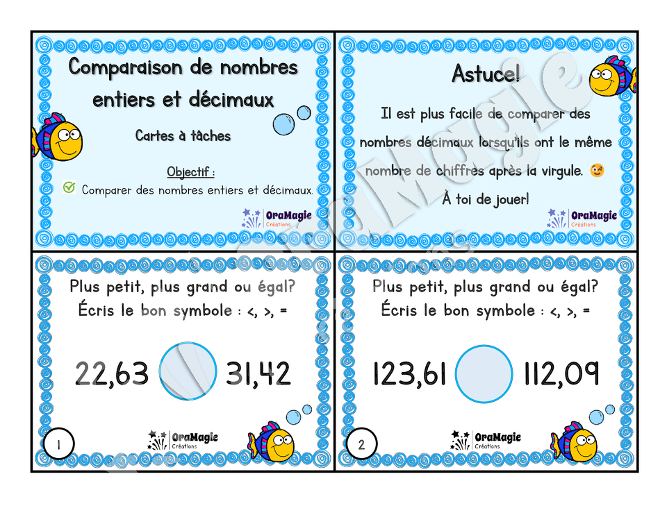 Cartes à tâches - Comparaison de nombres décimaux