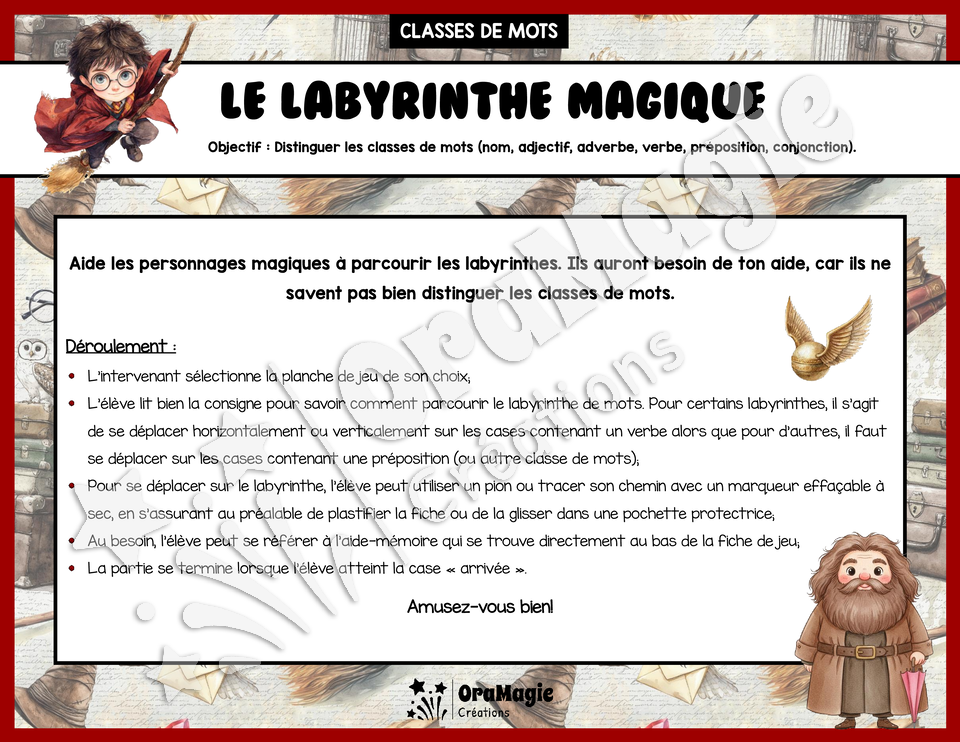 Le labyrinthe magique Harry Potter - Les classes de mots