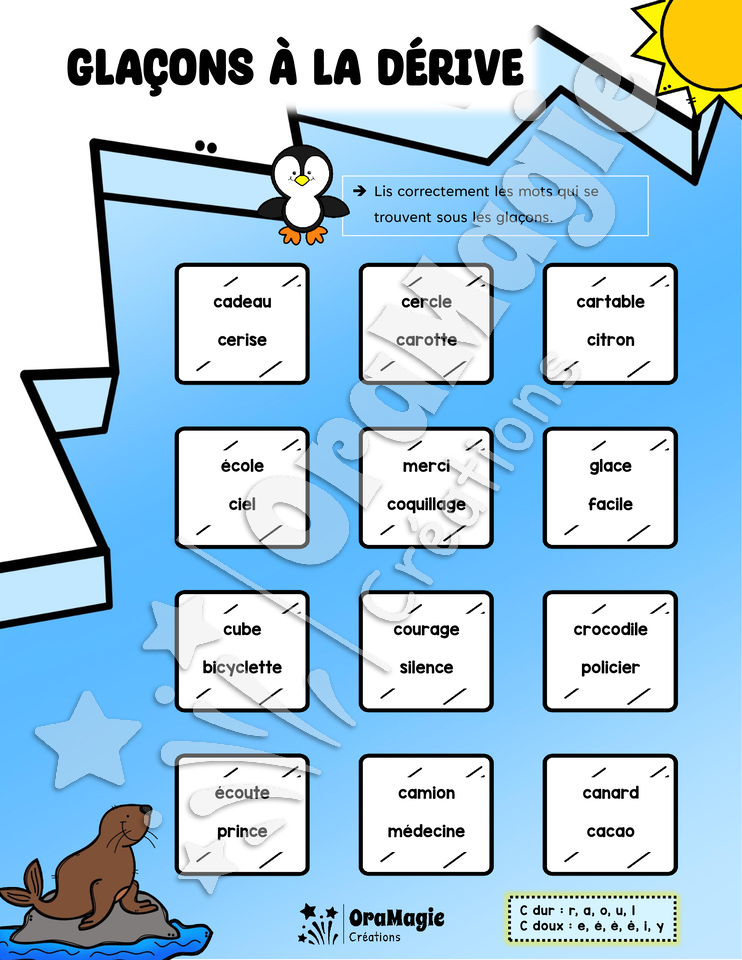 Glaçons à la dérive - Décodage de mots contenant des c durs vs c doux