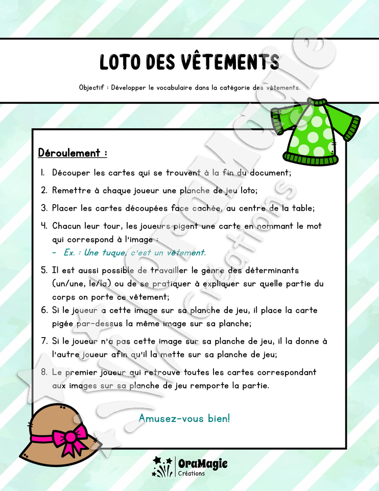 Loto des vêtements - Vocabulaire 