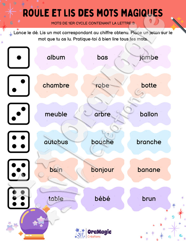 Roule et lis des mots magiques - Mots de 1er cycle contenant la lettre B