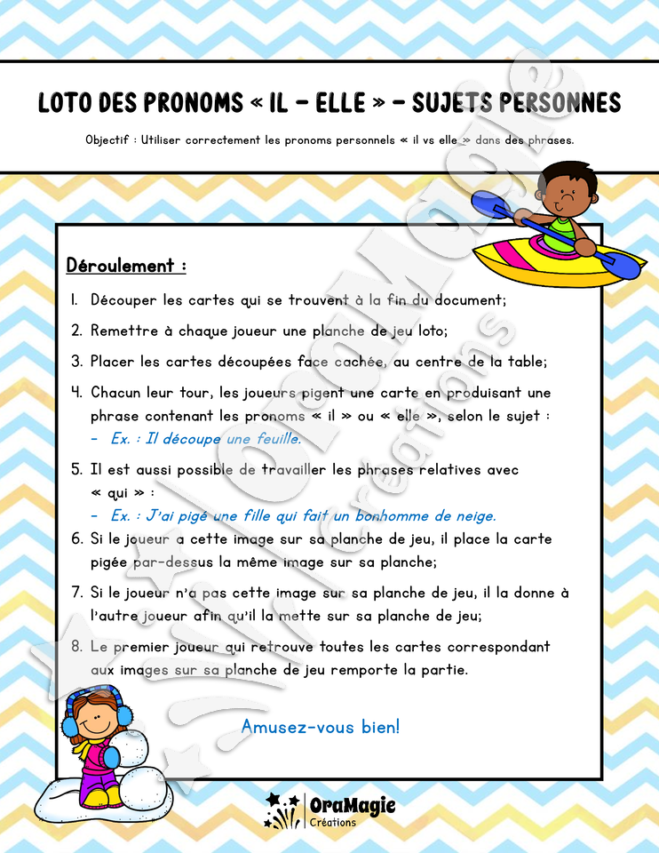 Loto des pronoms -il-elle- Sujets personnes