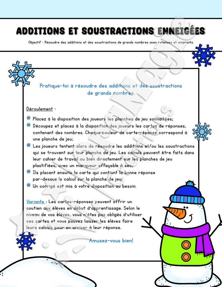 Additions et soustractions enneigées - Additions et soustractions de grands nombres - 4e année