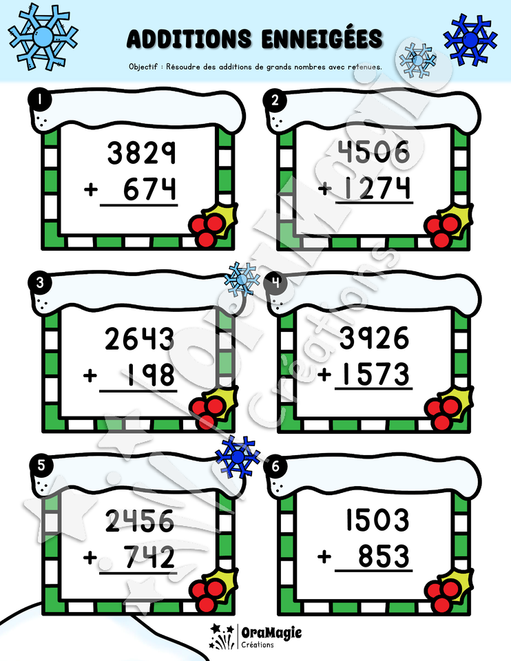 Additions et soustractions enneigées - Additions et soustractions de grands nombres - 4e année