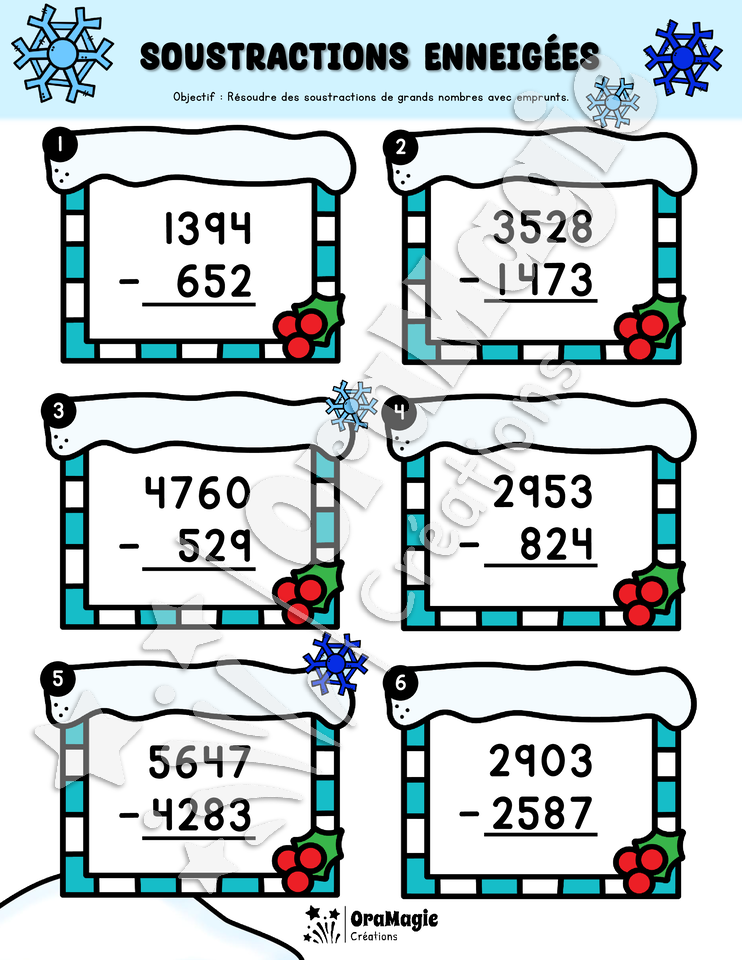 Additions et soustractions enneigées - Additions et soustractions de grands nombres - 4e année