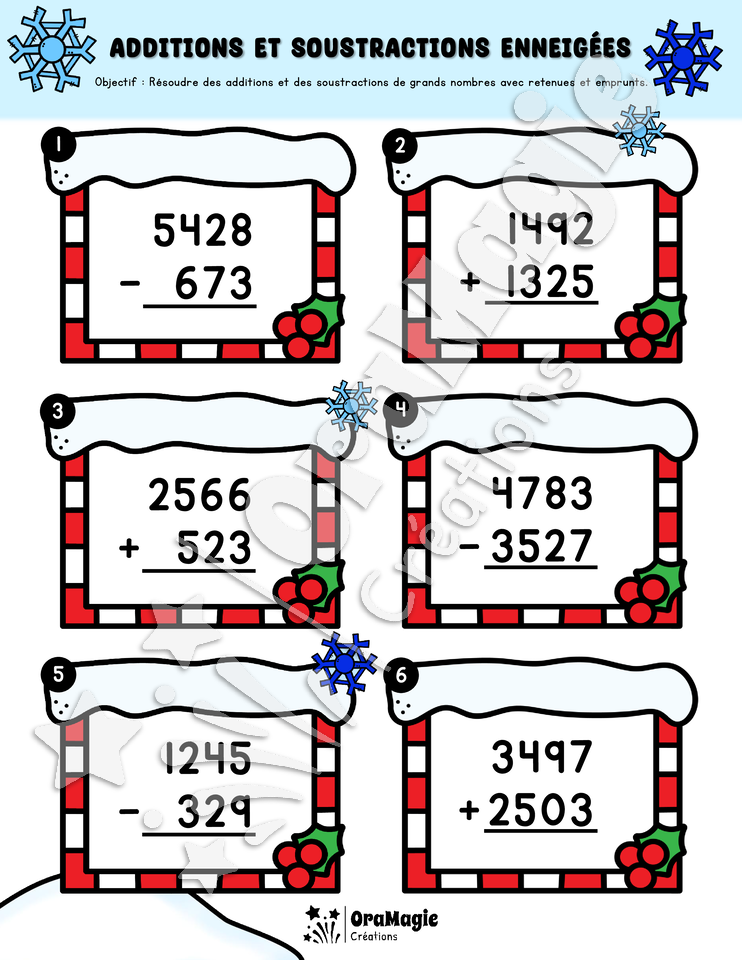 Additions et soustractions enneigées - Additions et soustractions de grands nombres - 4e année