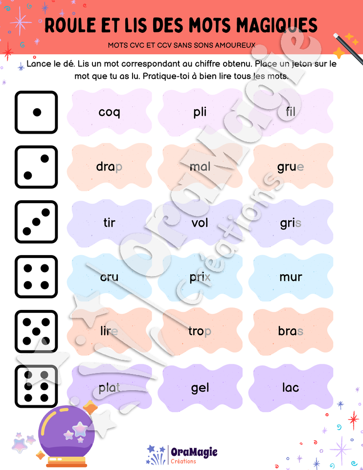 Roule et lis des mots magiques - CVC-CCV sans sons amoureux