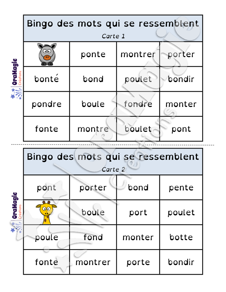 Bingo des mots qui se ressemblent
