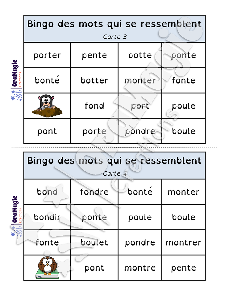 Bingo des mots qui se ressemblent