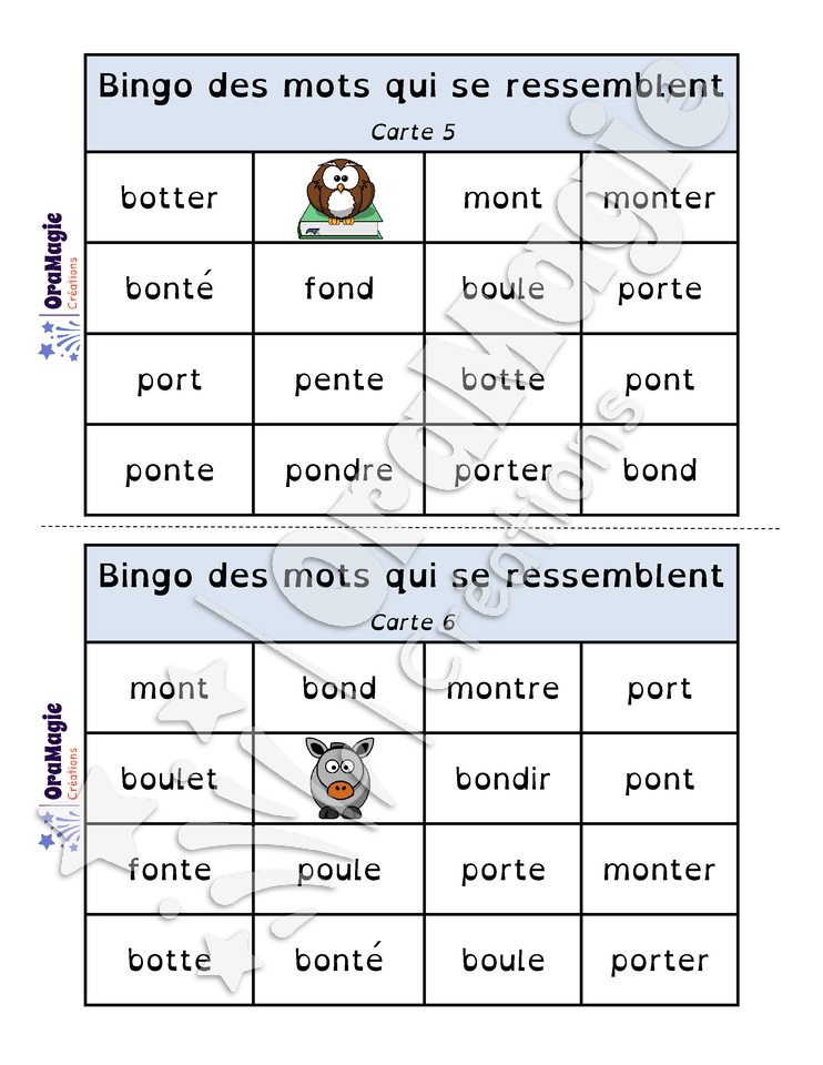 Bingo des mots qui se ressemblent