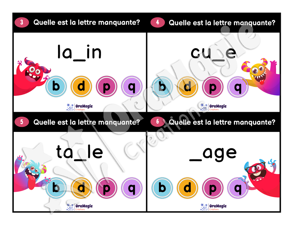 Cartes à tâches - Monstres du b, d, p, q