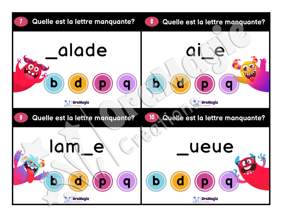 Cartes à tâches - Monstres du b, d, p, q