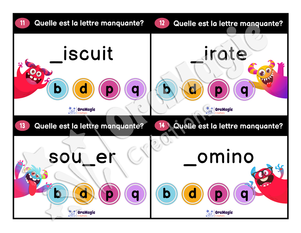 Cartes à tâches - Monstres du b, d, p, q