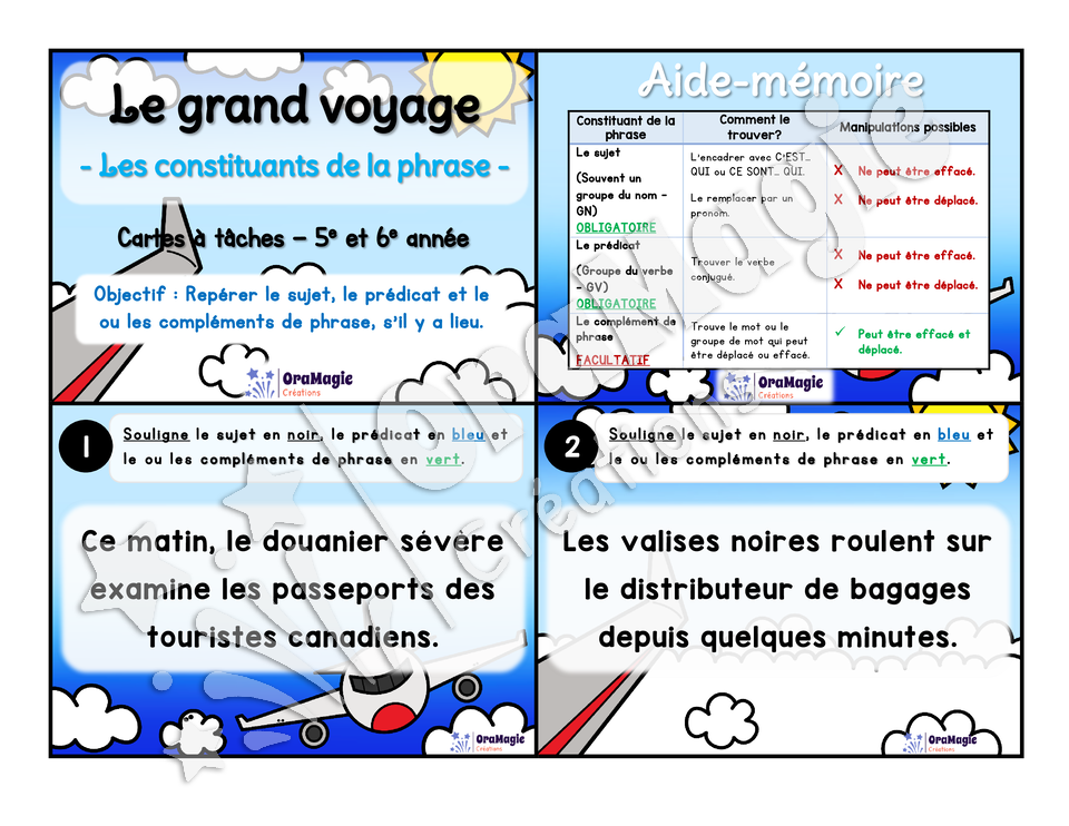 Cartes à tâches - Le grand voyage - Repérer les constituants de la phrase